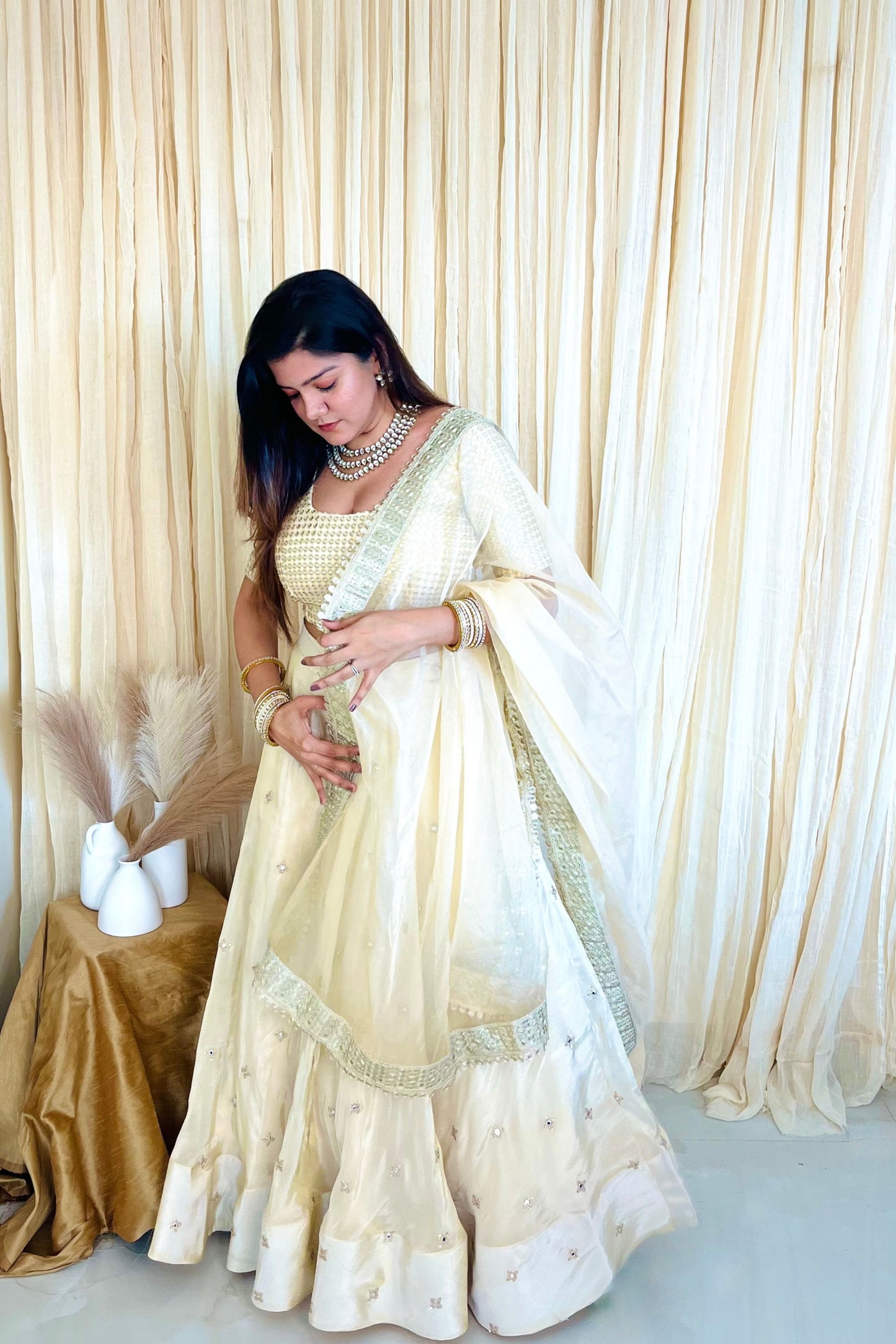 Mirror Magic: Exquisite Beige Silk Lehenga Set