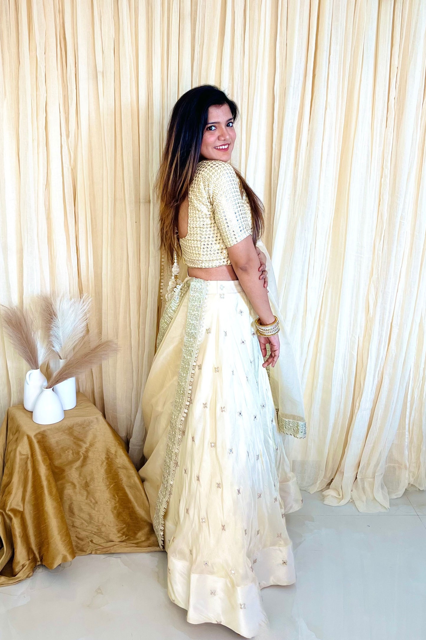 Mirror Magic: Exquisite Beige Silk Lehenga Set
