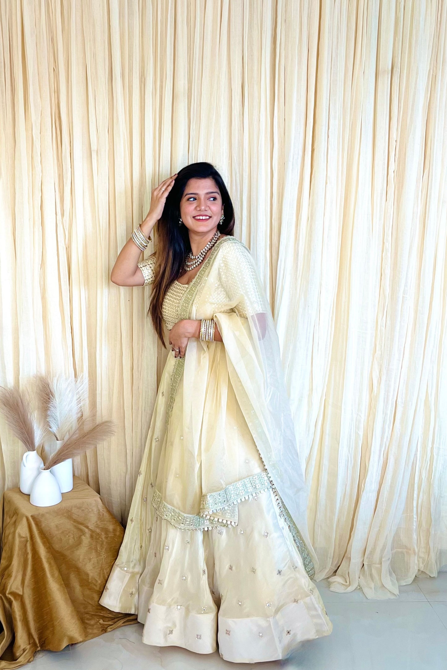 Mirror Magic: Exquisite Beige Silk Lehenga Set