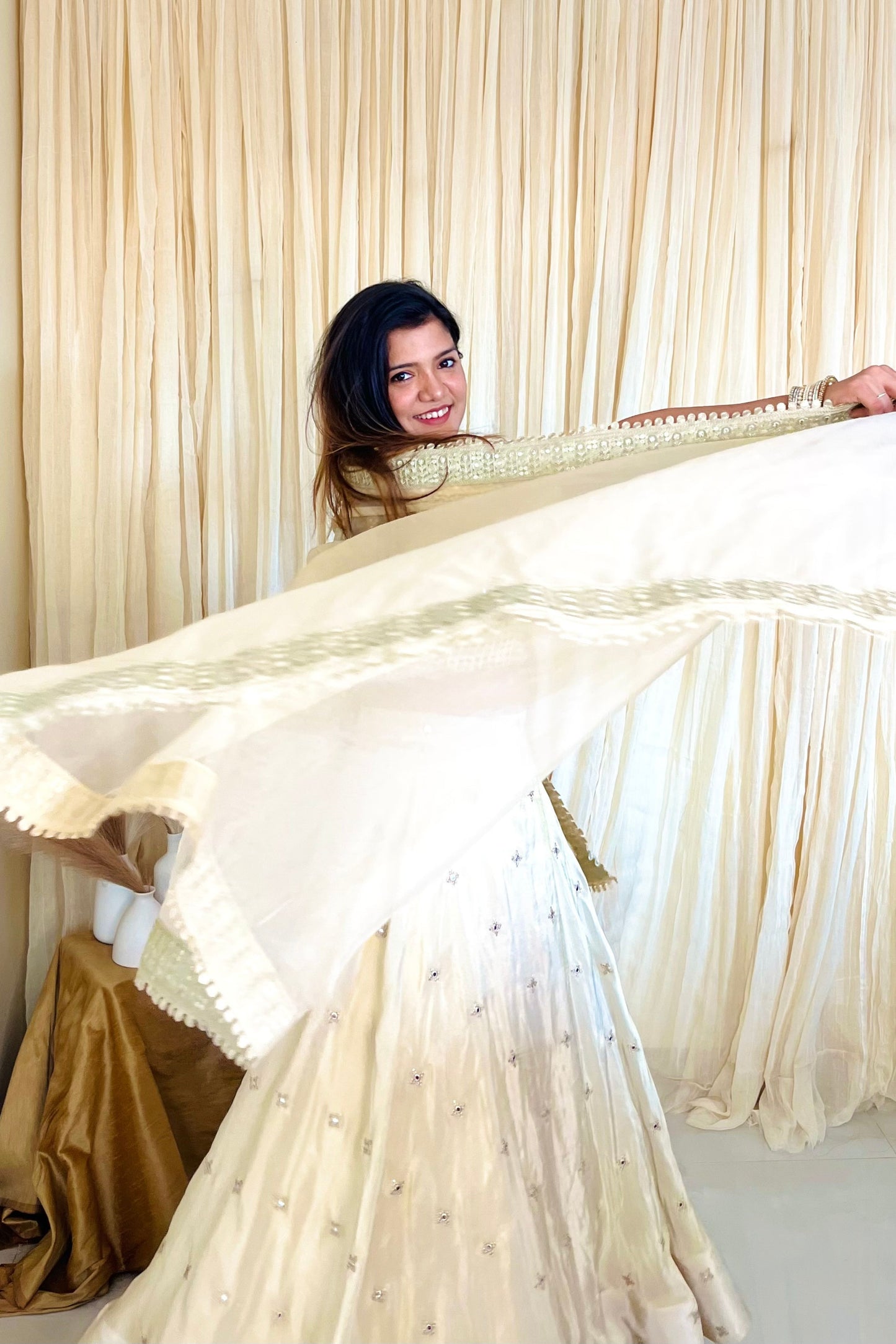 Mirror Magic: Exquisite Beige Silk Lehenga Set