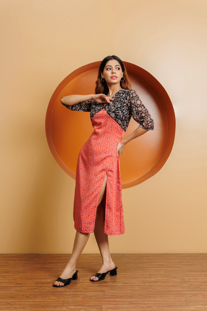 Frontier Chic: Orange and Black Colour Blocked Dress