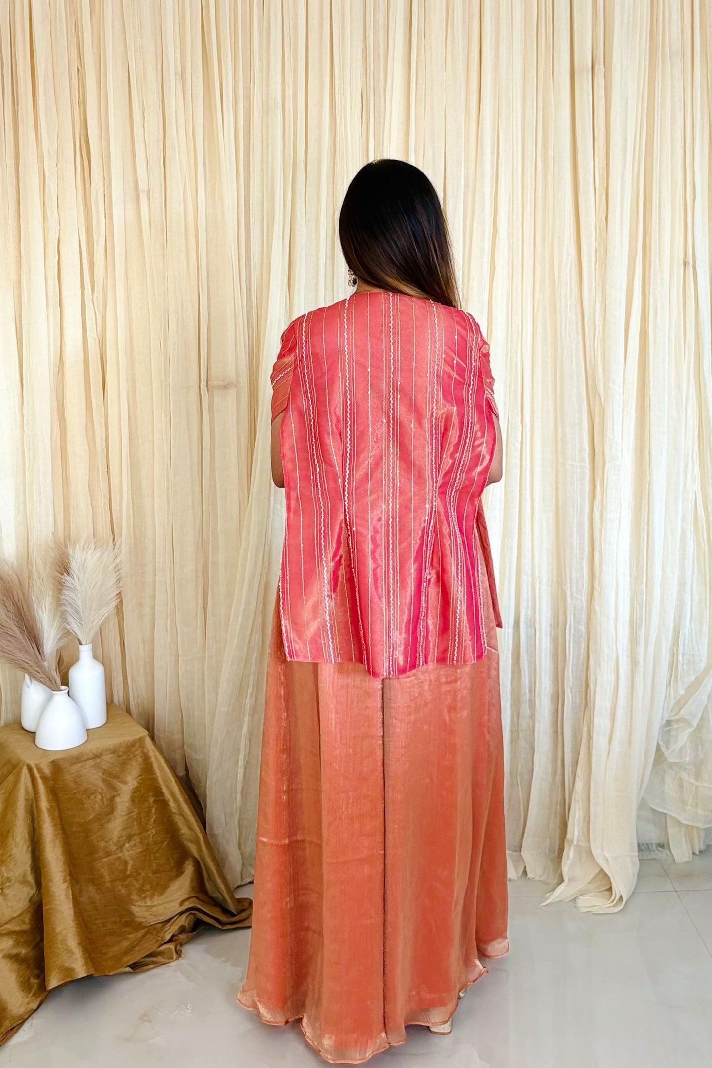 Sparkling Elegance:Shimmering Palazzo Set with Embroidered Cape