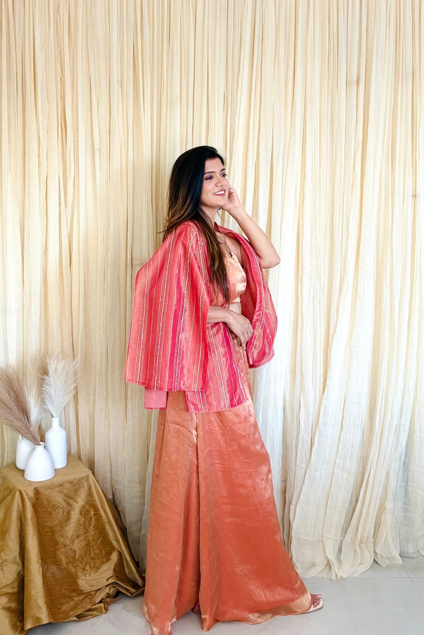 Sparkling Elegance:Shimmering Palazzo Set with Embroidered Cape