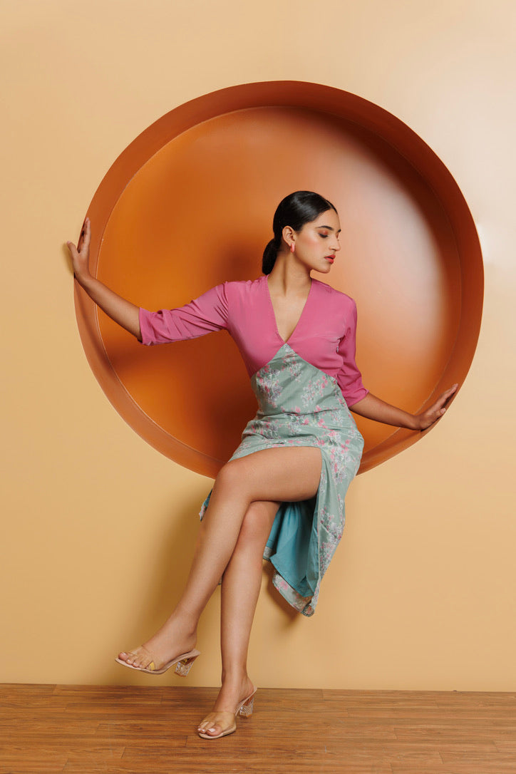Frontier Chic: Pink And Mint green Calf length dress