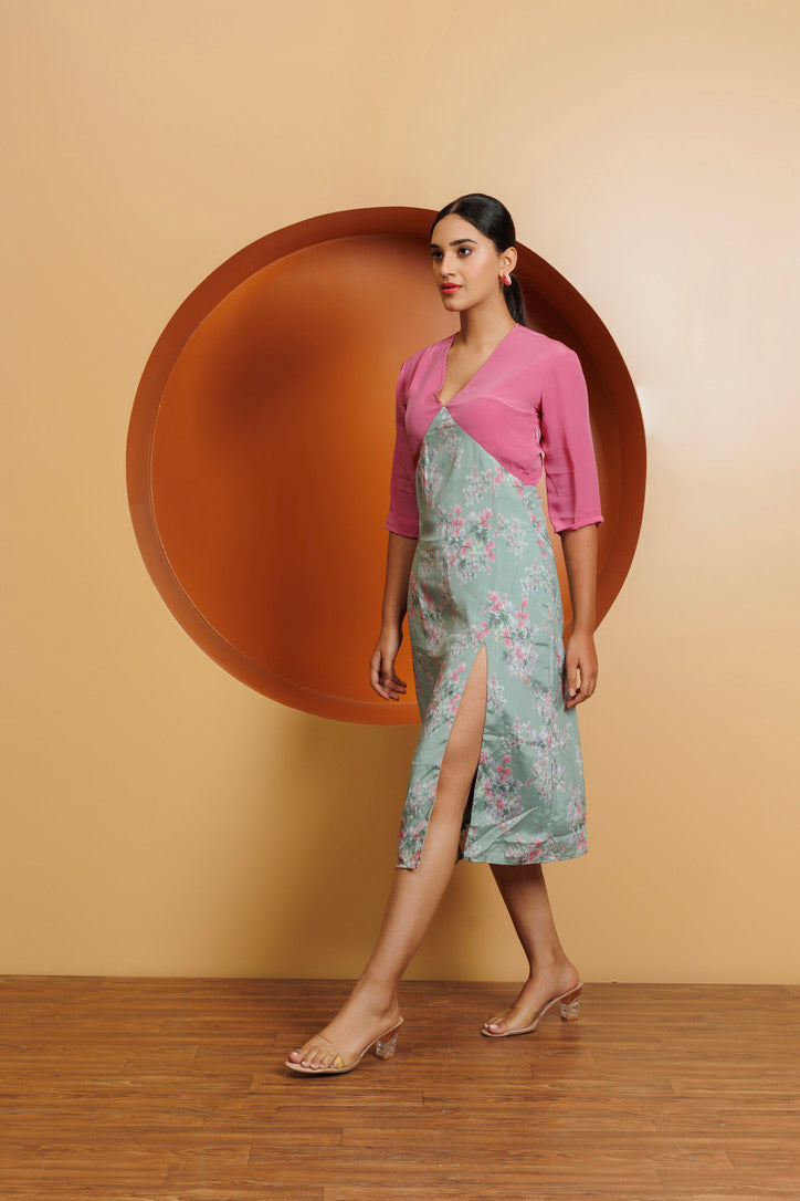 Frontier Chic: Pink And Mint green Calf length dress
