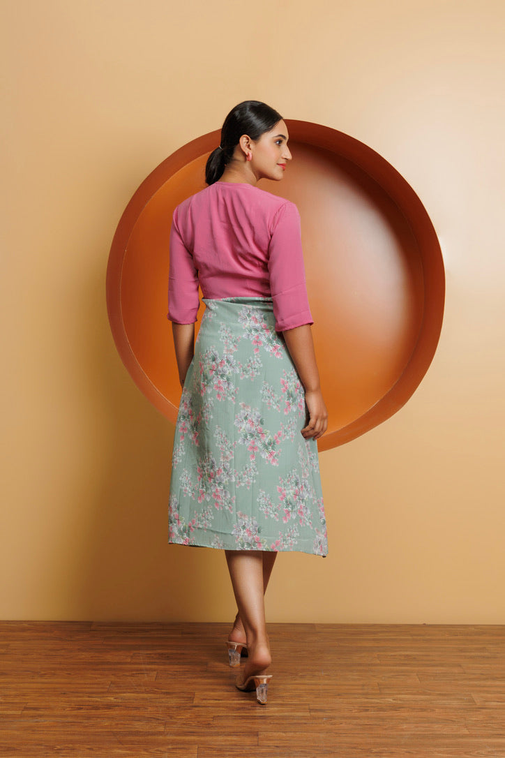 Frontier Chic: Pink And Mint green Calf length dress