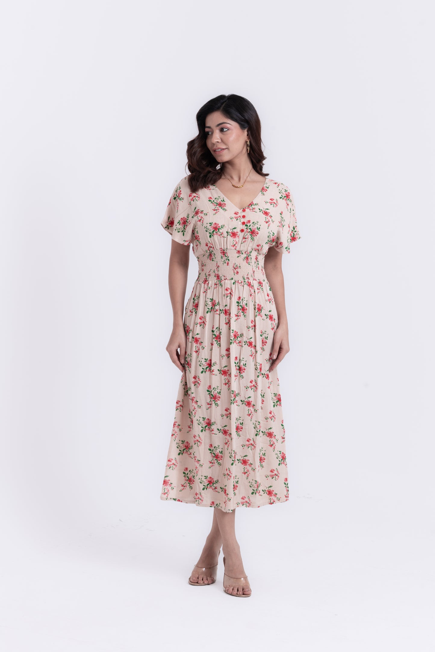 Beige Blossom Floral Print Midi Dress
