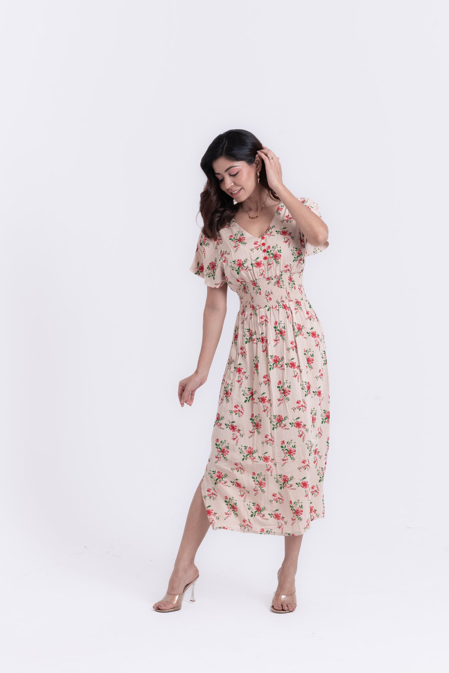 Beige Blossom Floral Print Midi Dress