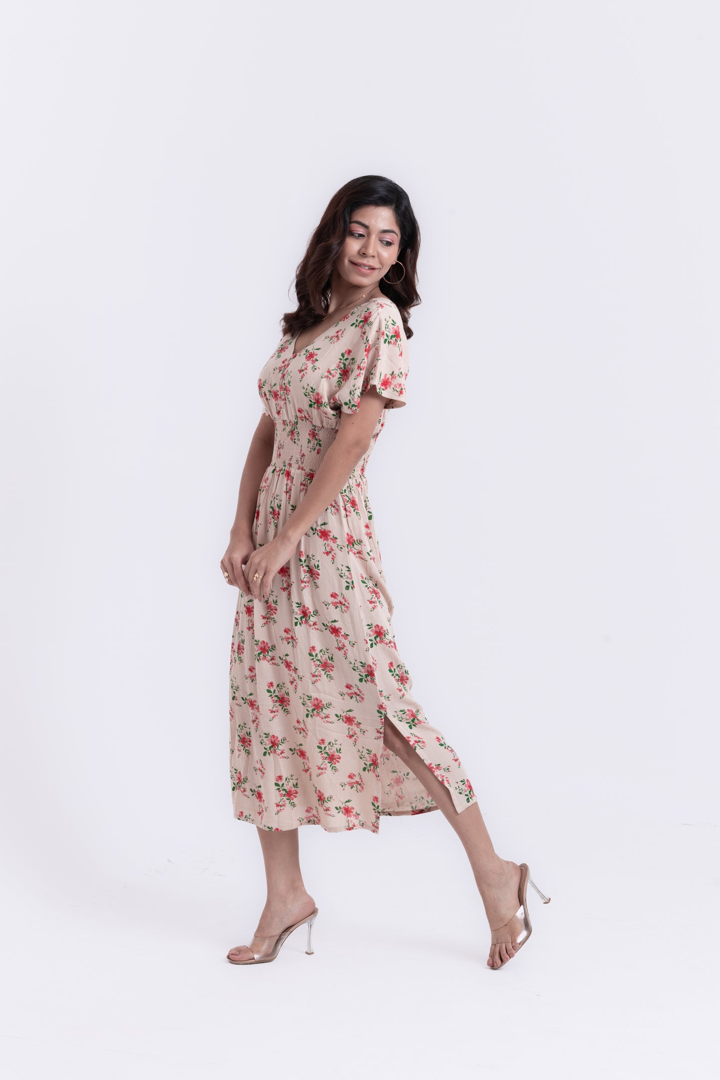 Beige Blossom Floral Print Midi Dress