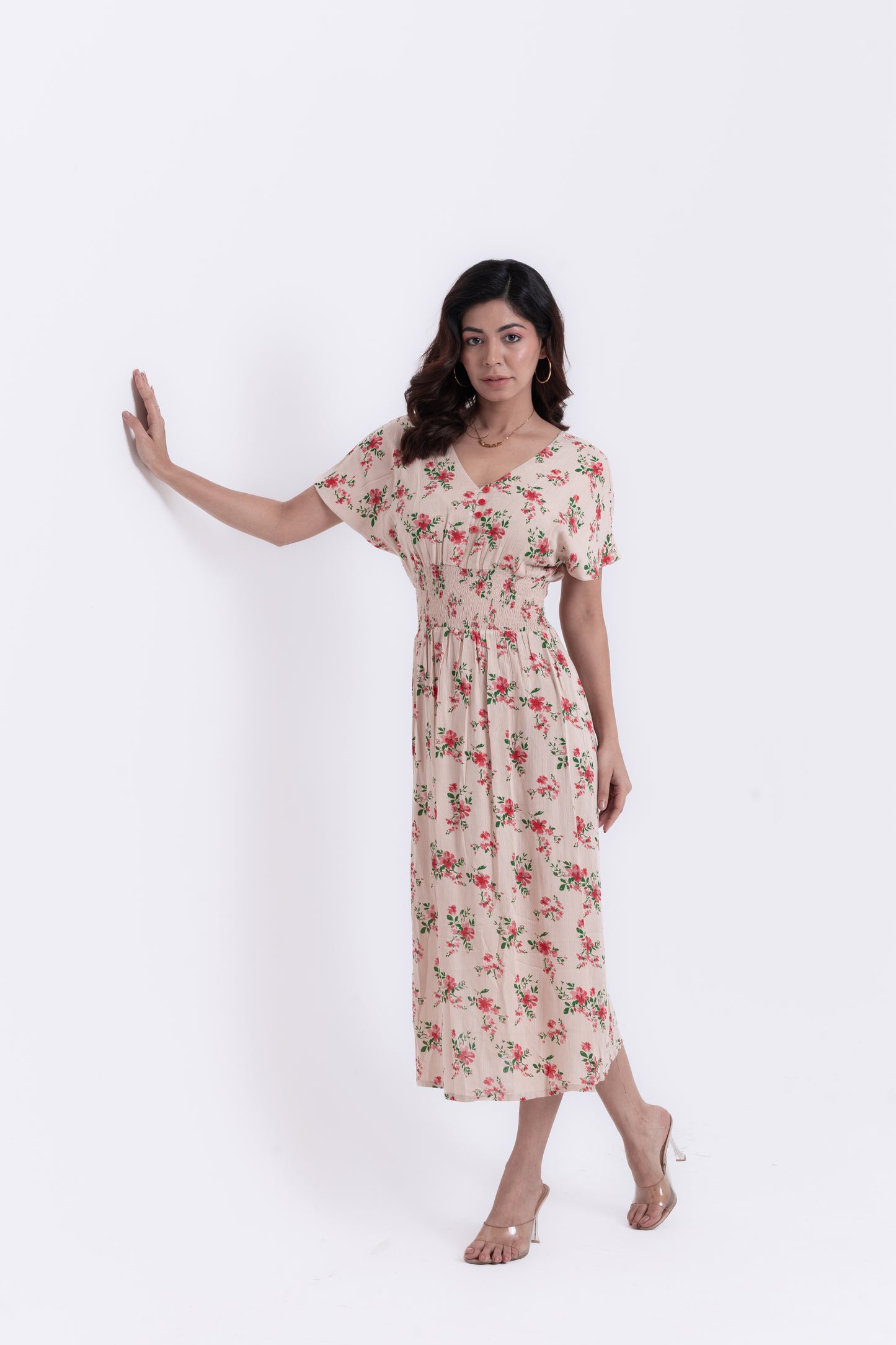 Beige Blossom Floral Print Midi Dress
