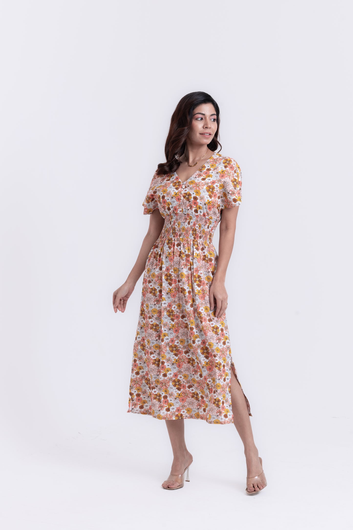 Graceful Blossoms White Floral Midi Dress