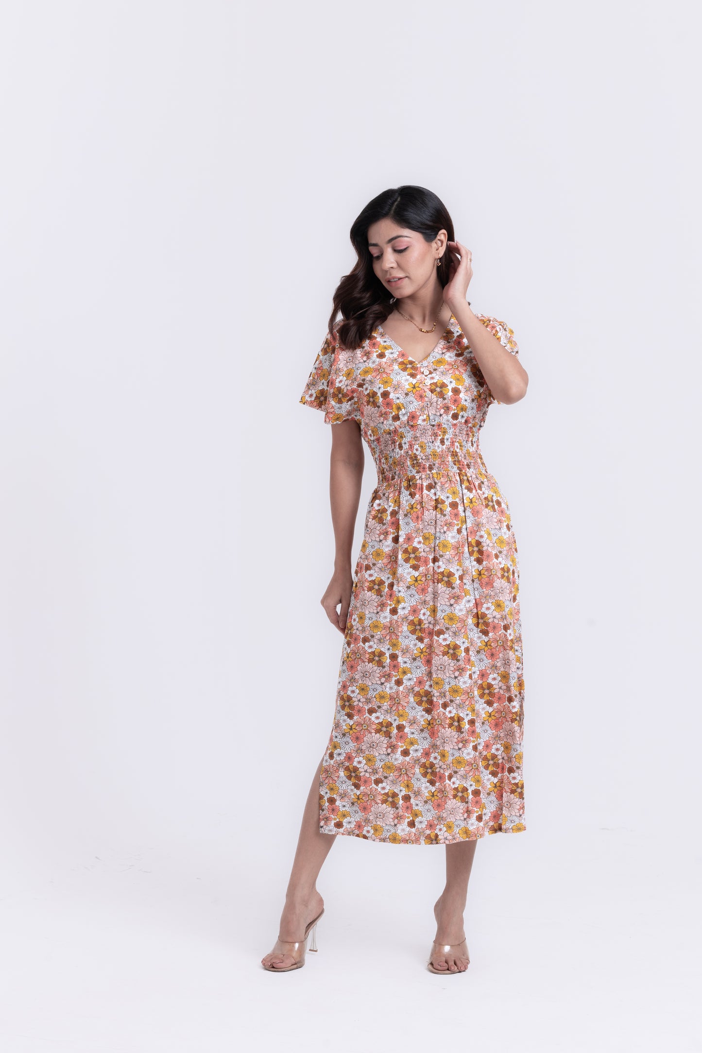Graceful Blossoms White Floral Midi Dress