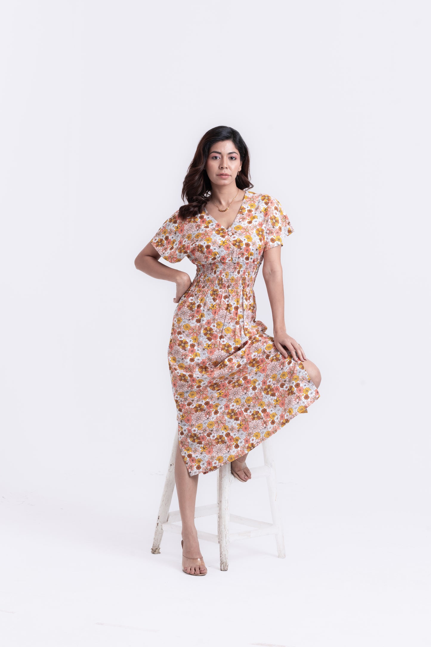 Graceful Blossoms White Floral Midi Dress