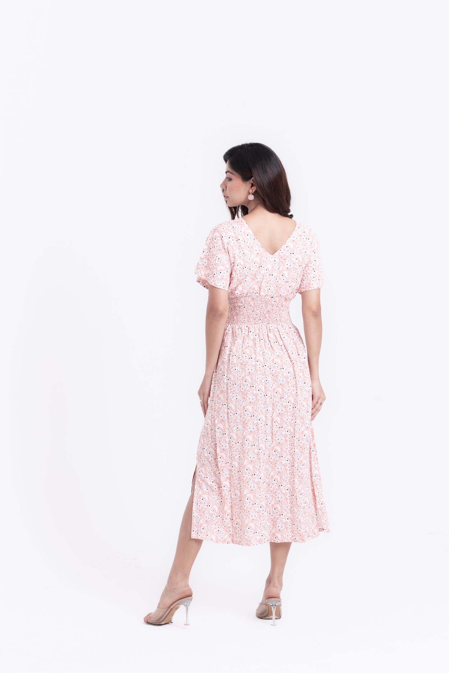Tiny Florals Pastel Pink Ditsy Print Midi Dress