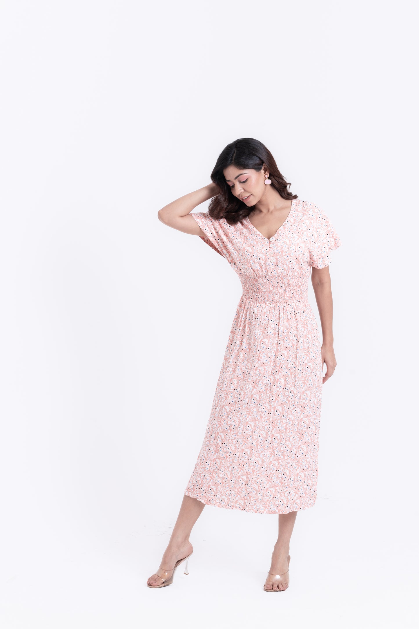 Tiny Florals Pastel Pink Ditsy Print Midi Dress