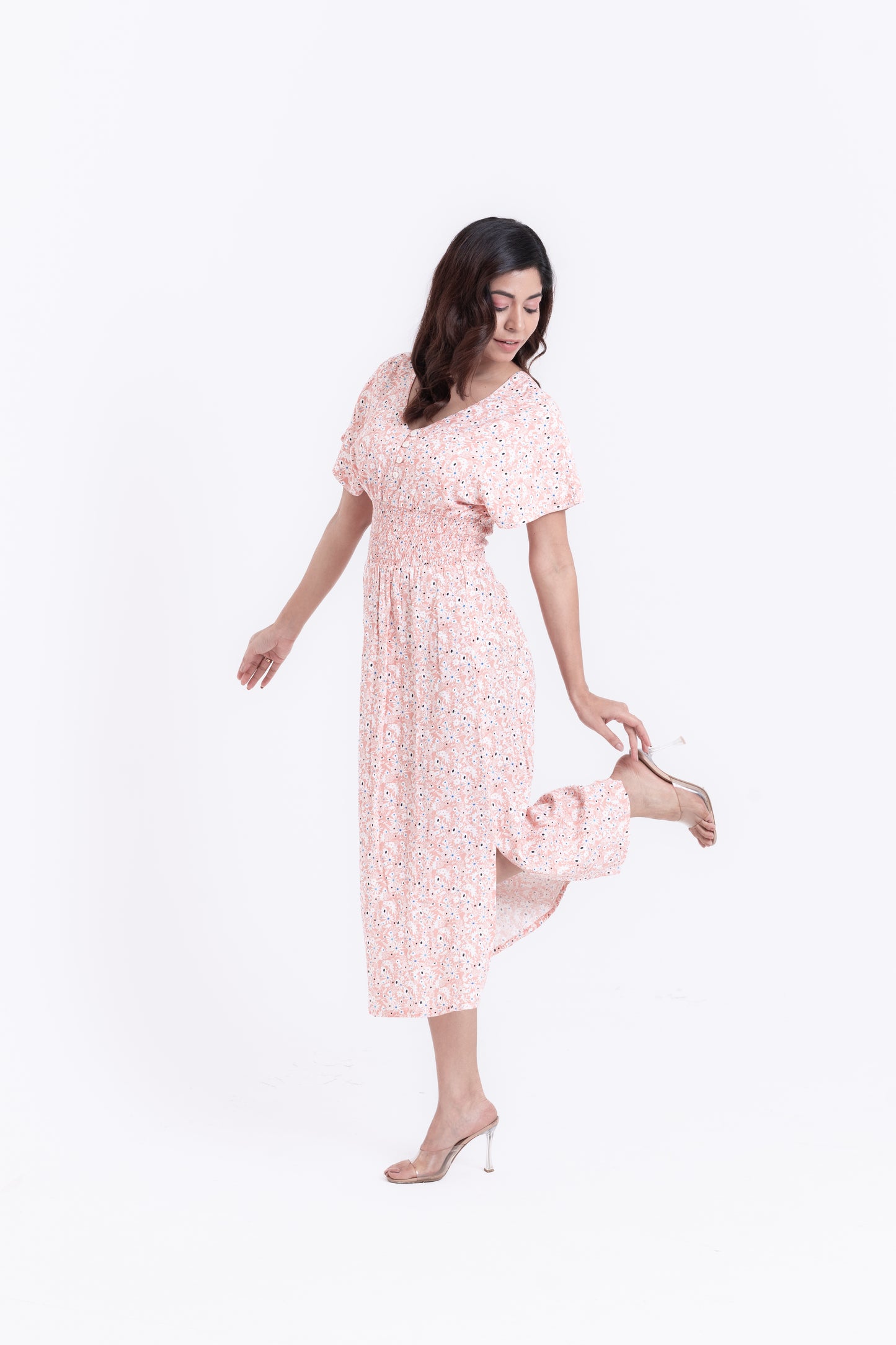 Tiny Florals Pastel Pink Ditsy Print Midi Dress
