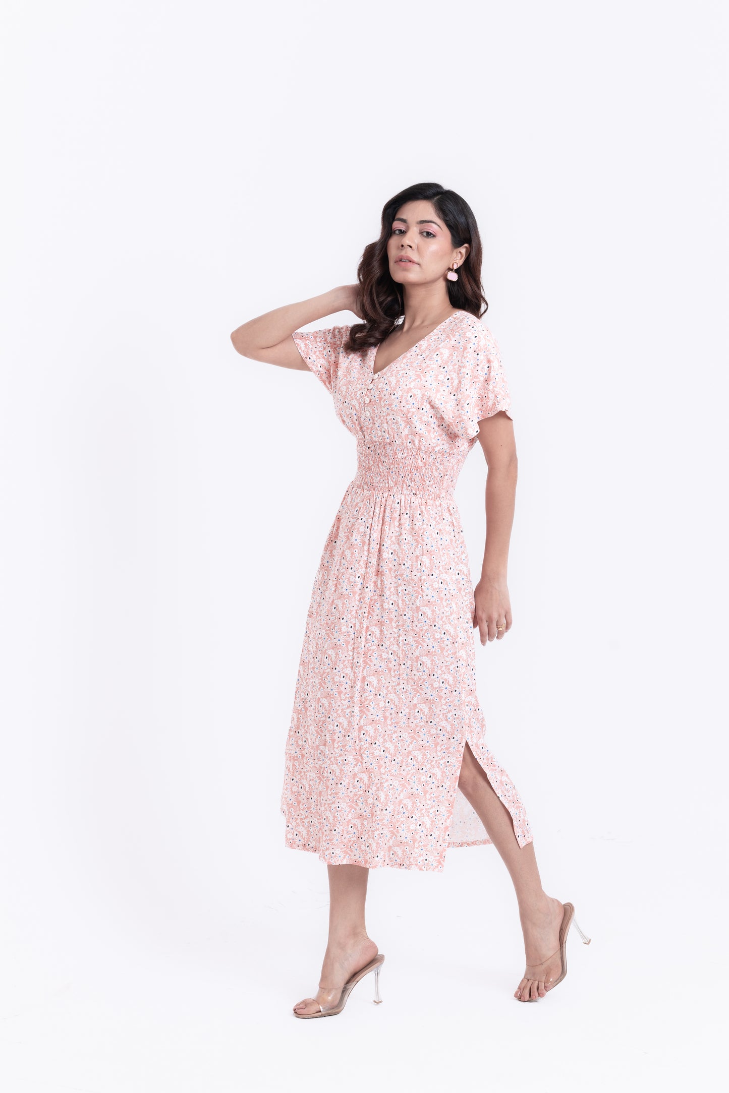 Tiny Florals Pastel Pink Ditsy Print Midi Dress