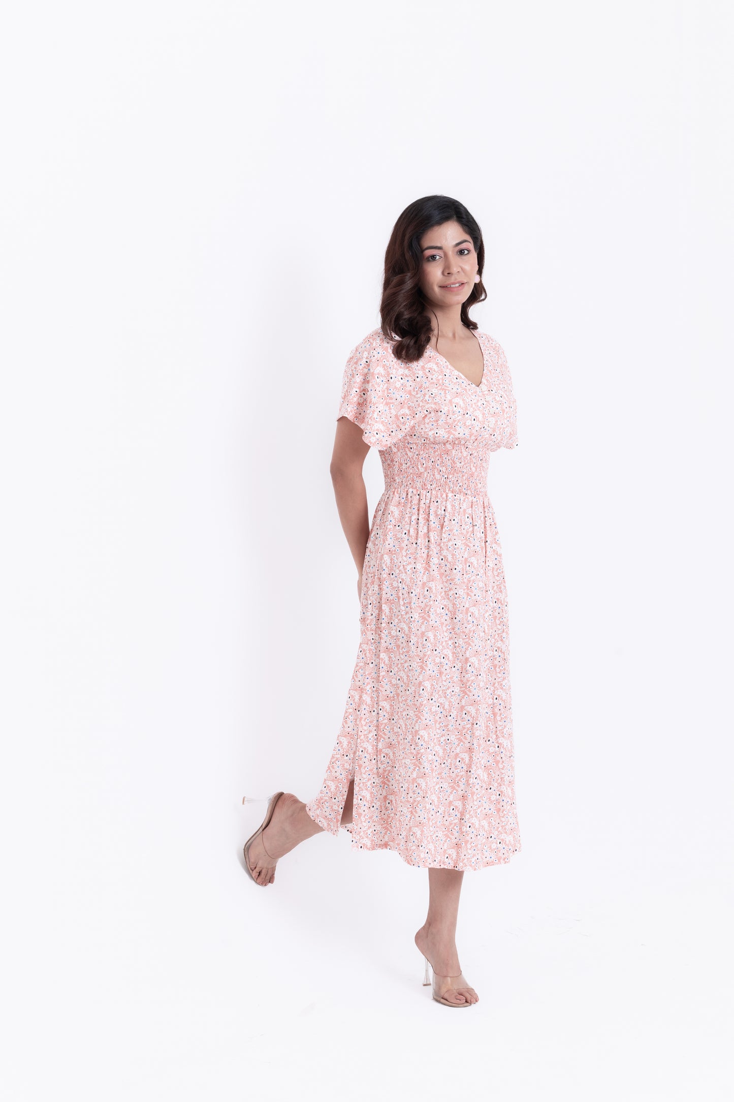 Tiny Florals Pastel Pink Ditsy Print Midi Dress