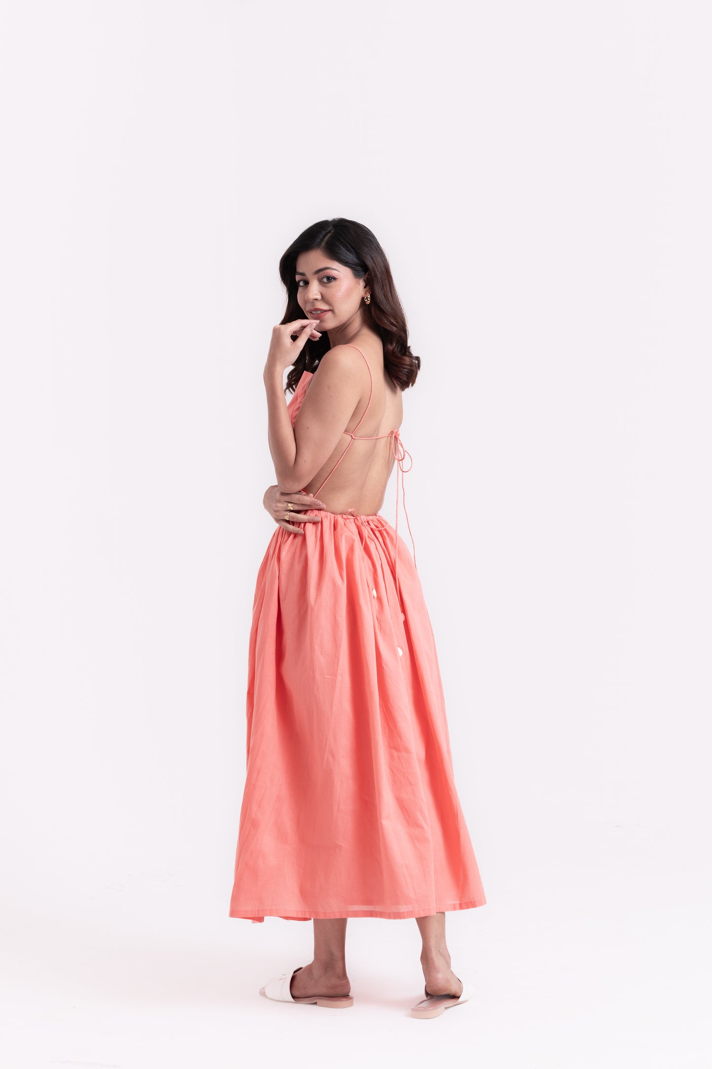 Peach Strappy Backless Cotton Gown