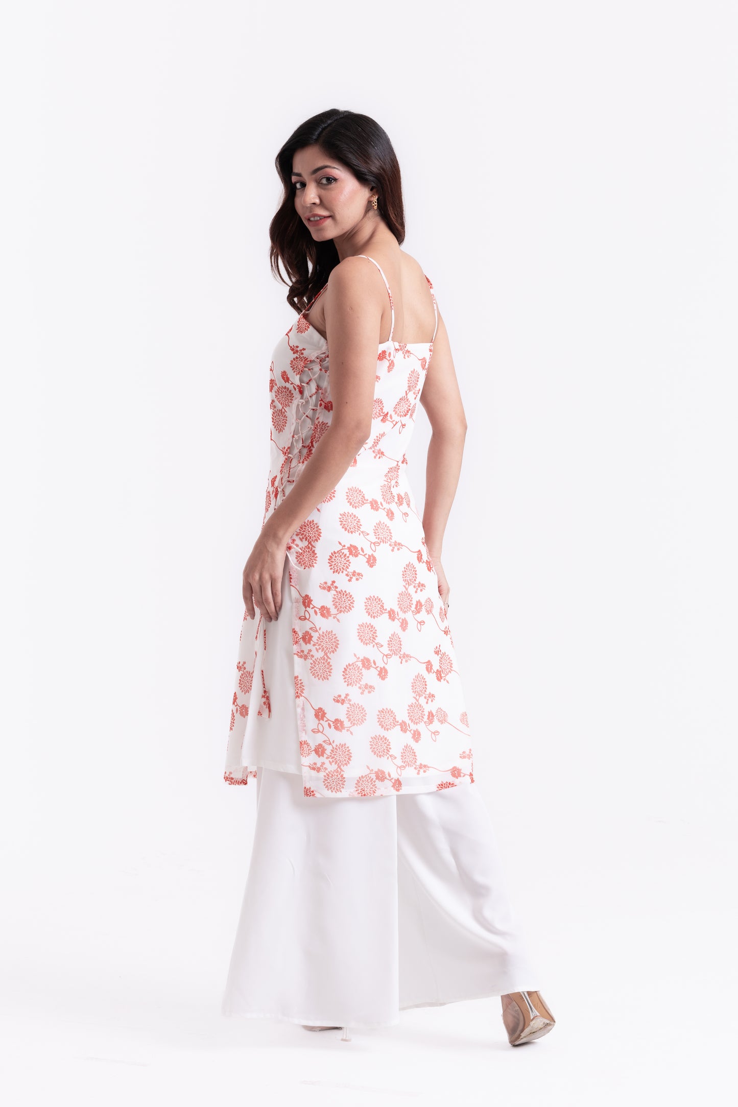 Floral Radiance: Orange Print Lace-Up Kurti Set