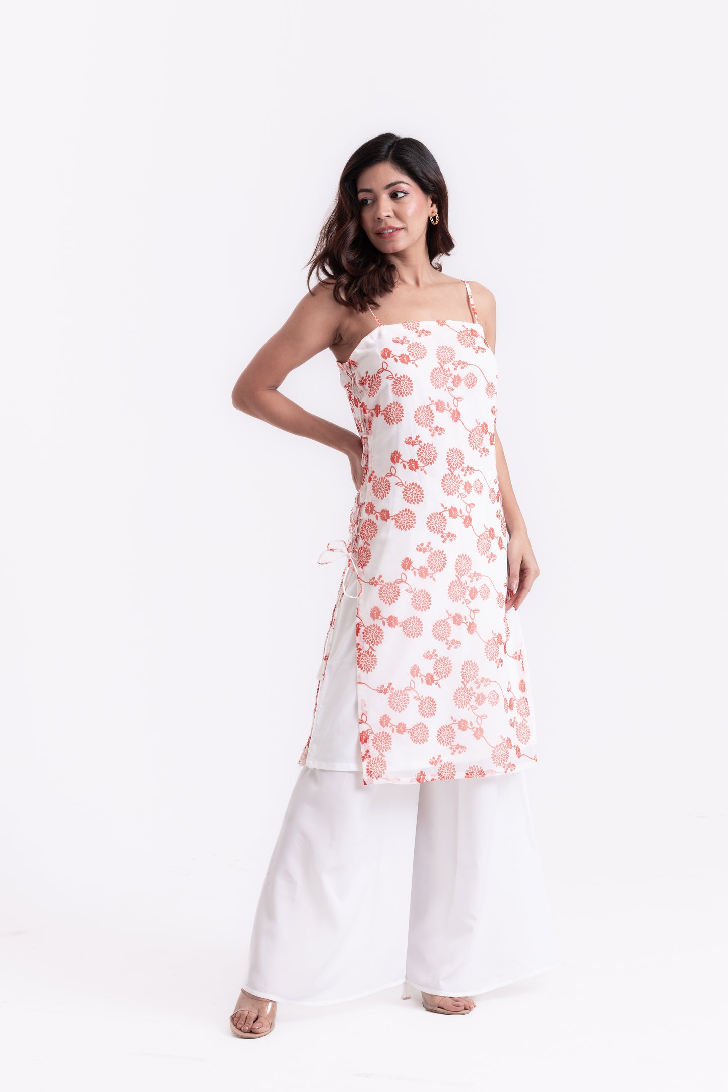 Floral Radiance: Orange Print Lace-Up Kurti Set