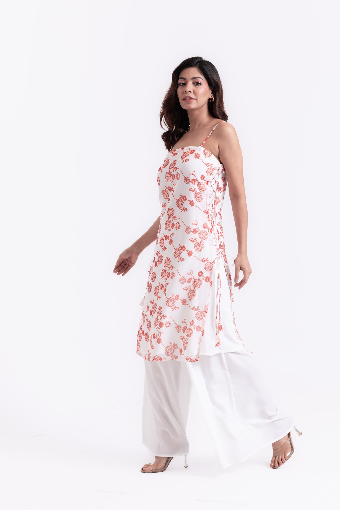 Floral Radiance: Orange Print Lace-Up Kurti Set