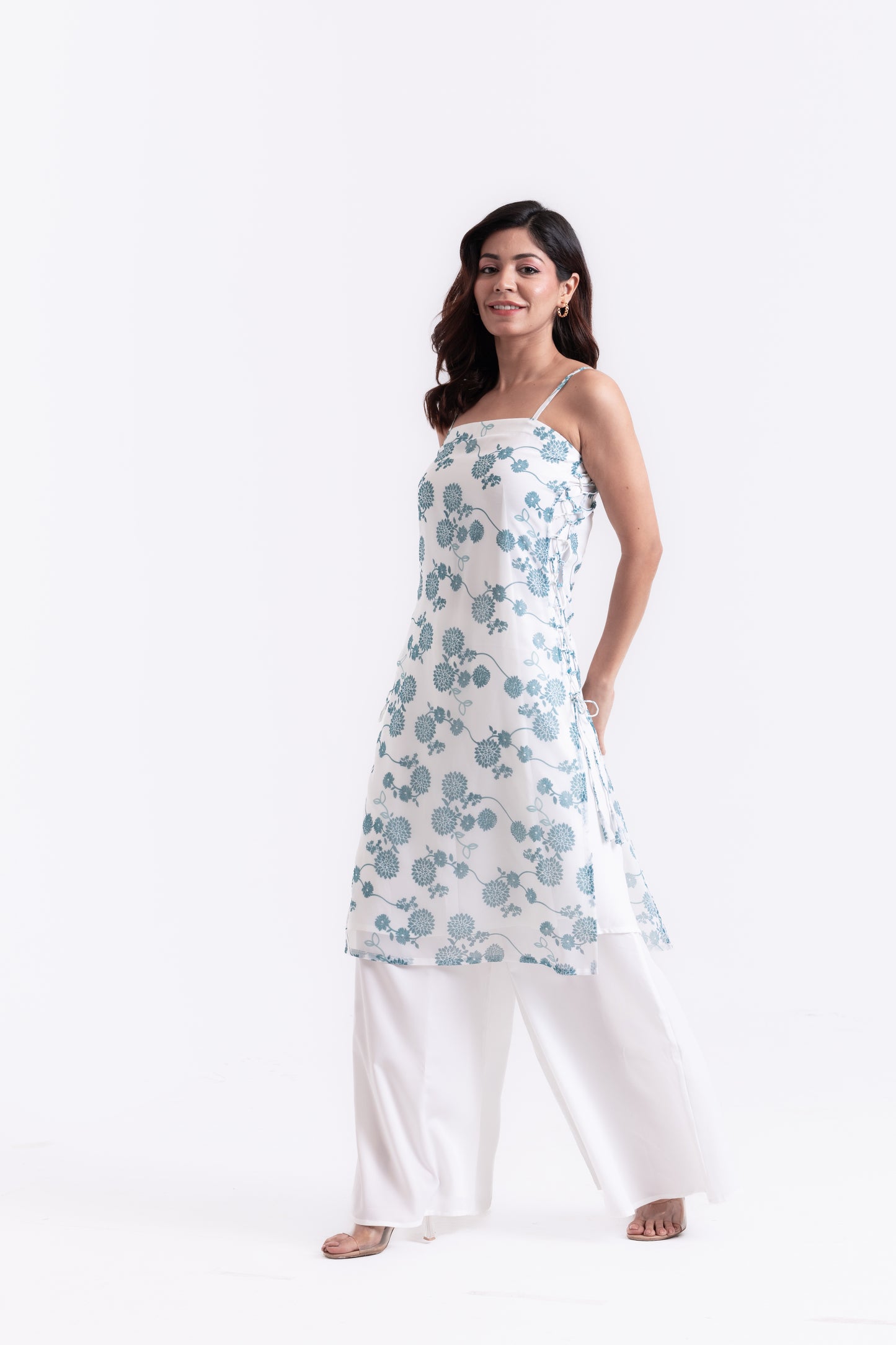 Floral Radiance: Teal Print Kurti Set