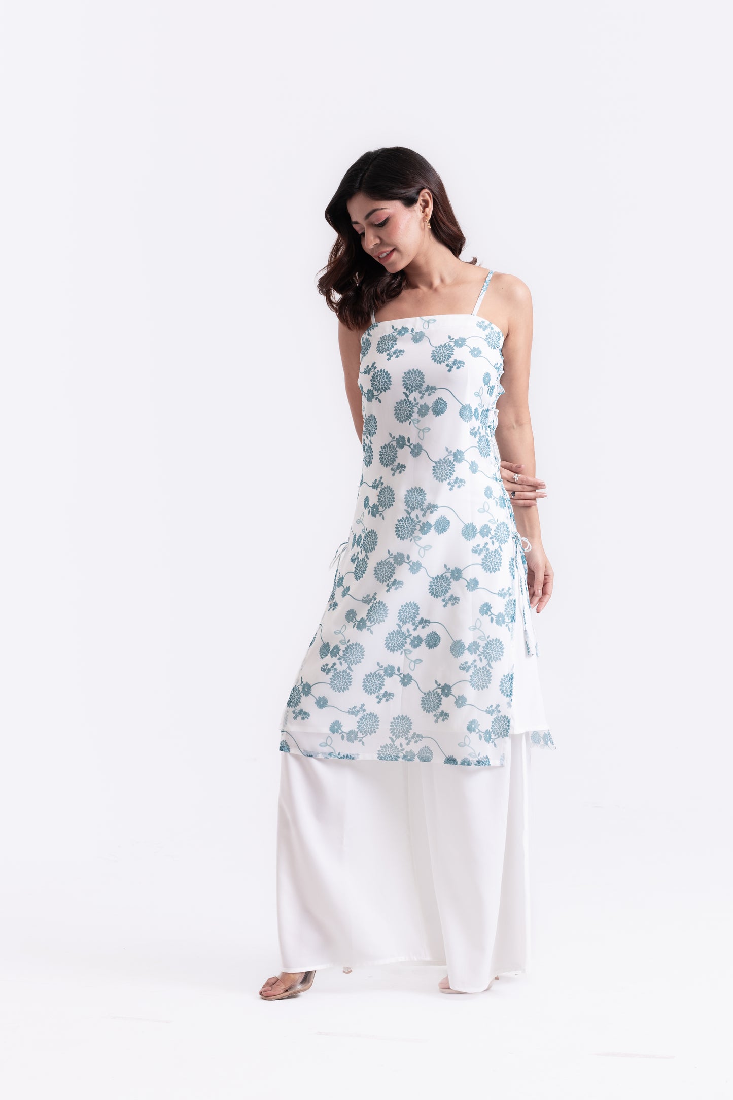 Floral Radiance: Teal Print Kurti Set