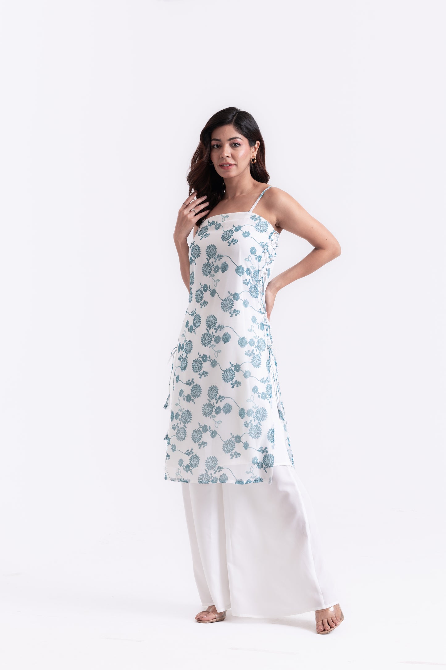 Floral Radiance: Teal Print Kurti Set