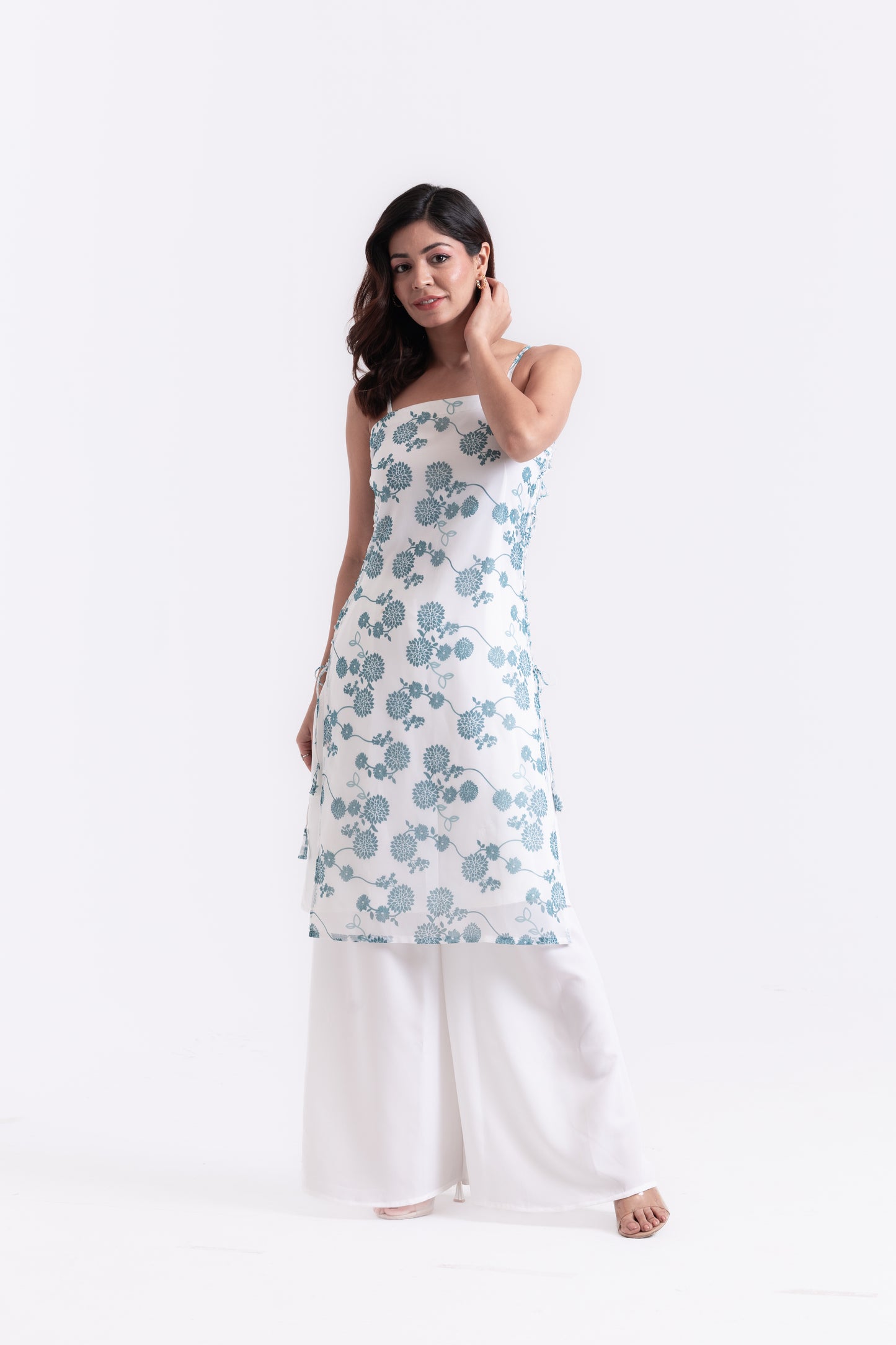 Floral Radiance: Teal Print Kurti Set