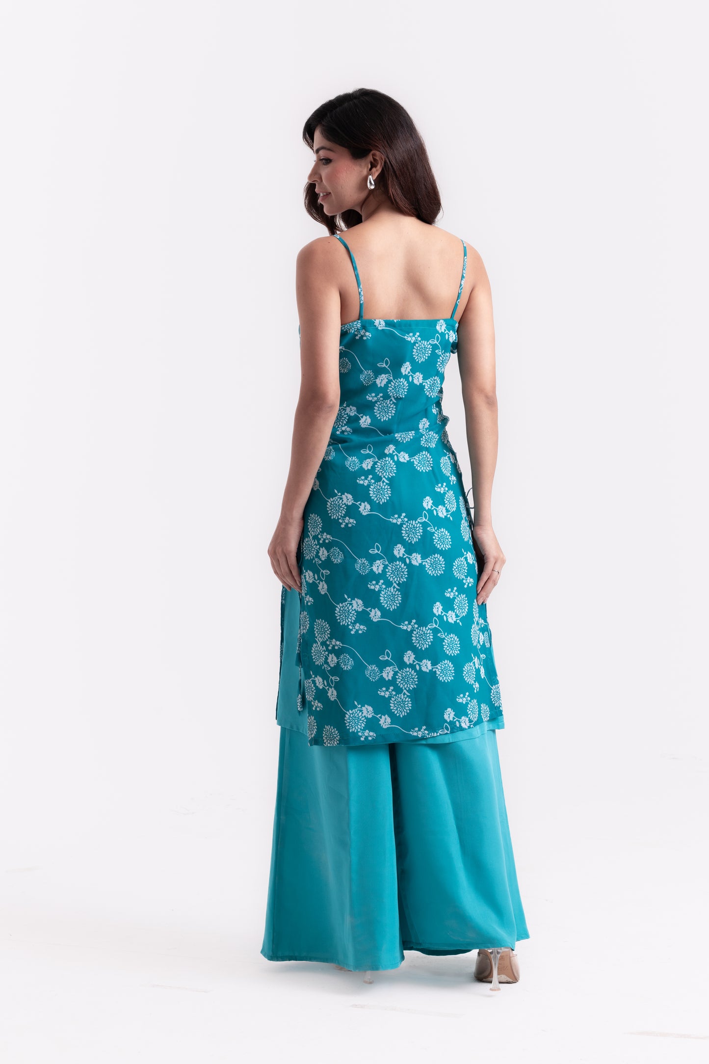 Teal Serenity: Floral Print Kurti
