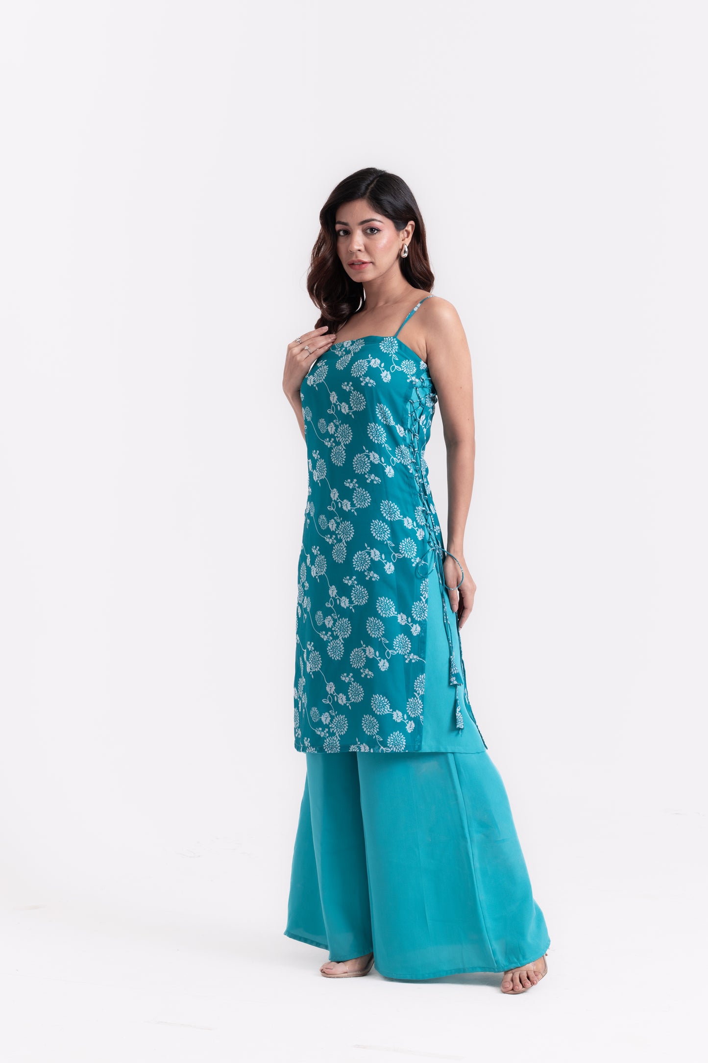 Teal Serenity: Floral Print Kurti