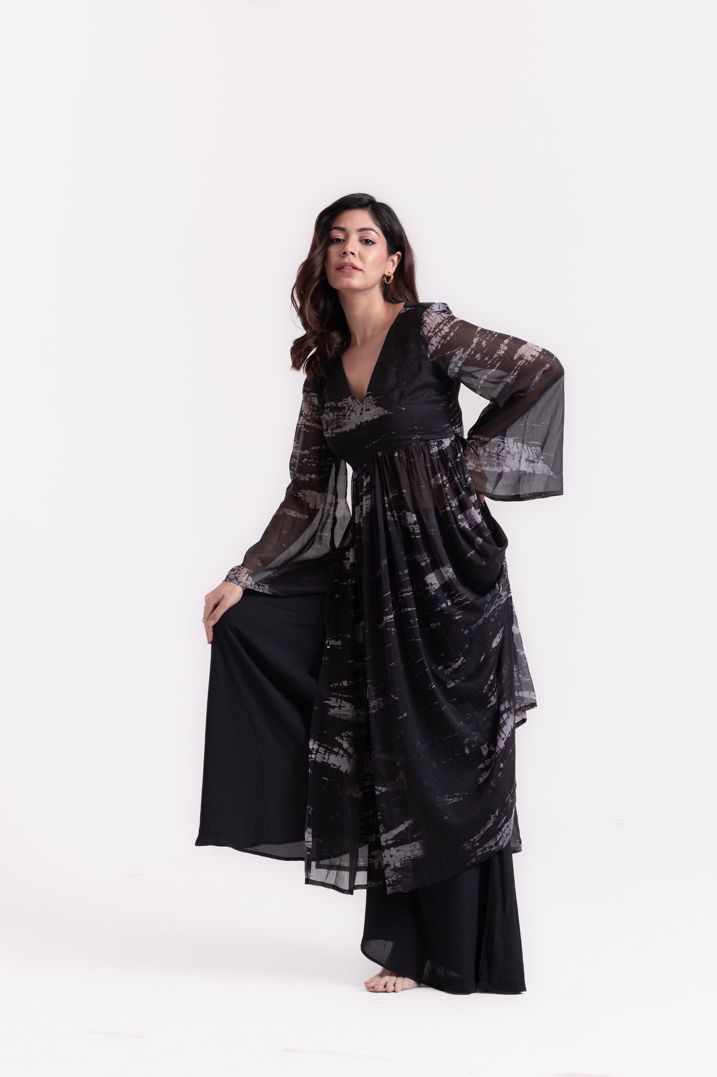 Midnight Swirls: Black Tie-Dye Kurti Set