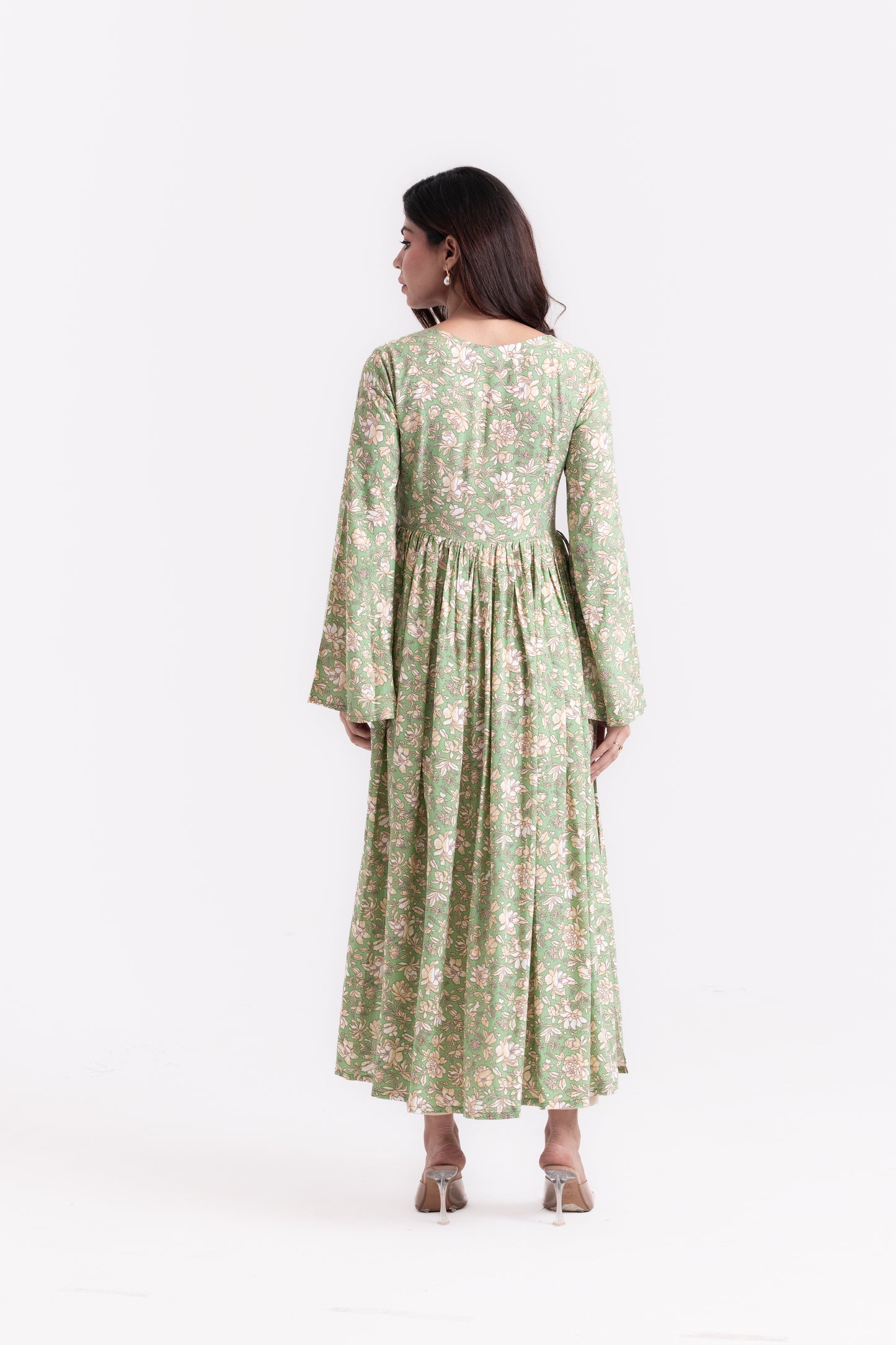 Beige Blooms on Green Floral Print Kurti Set