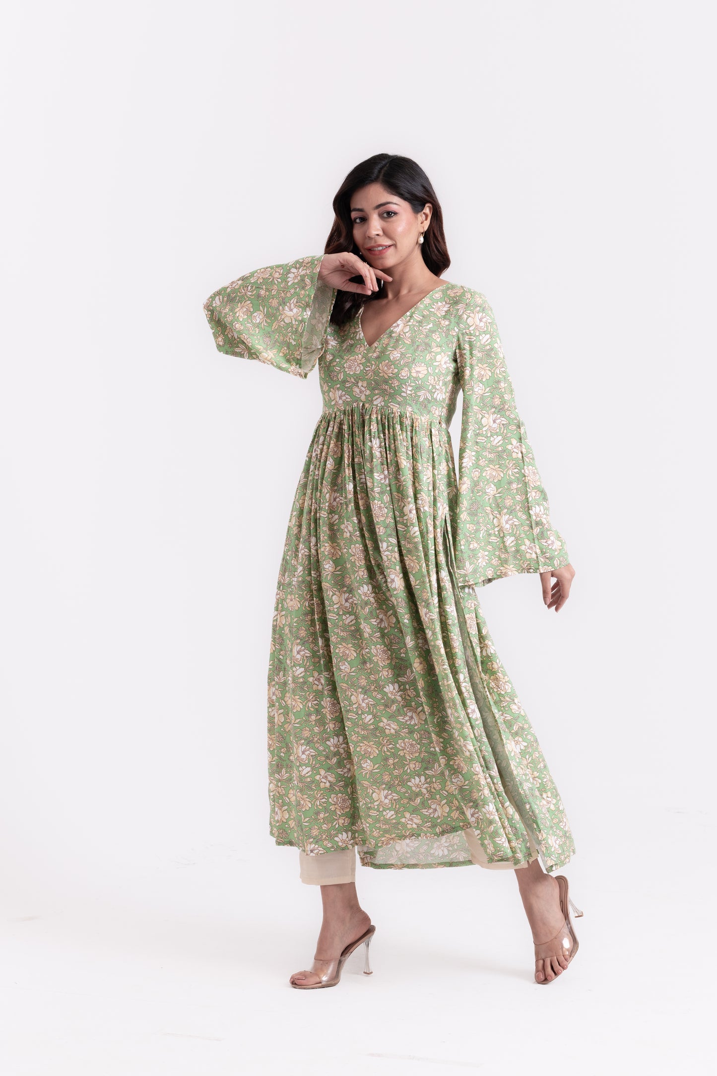 Beige Blooms on Green Floral Print Kurti Set
