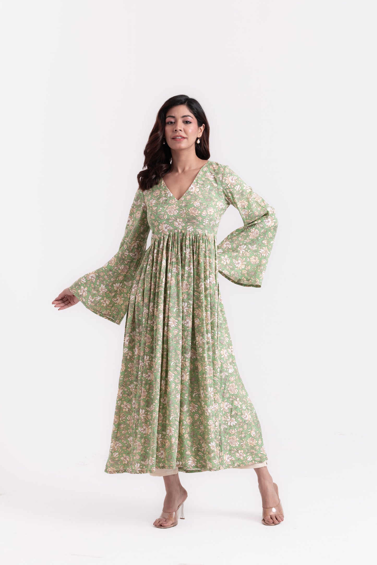 Beige Blooms on Green Floral Print Kurti Set