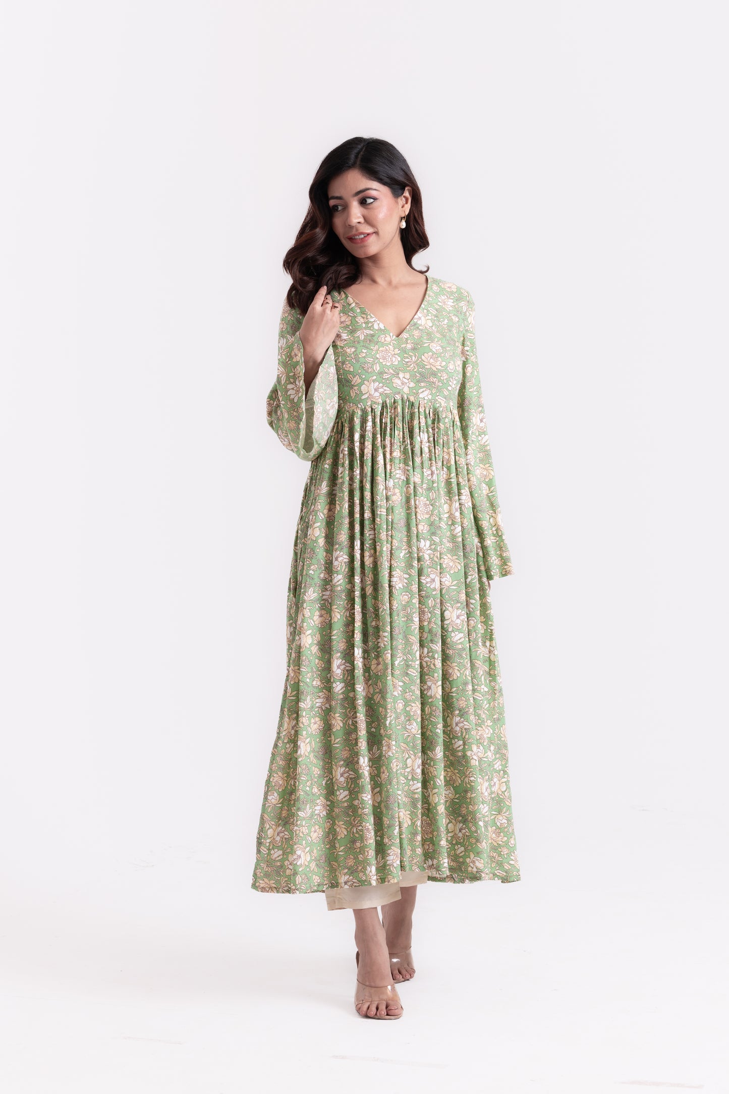 Beige Blooms on Green Floral Print Kurti Set