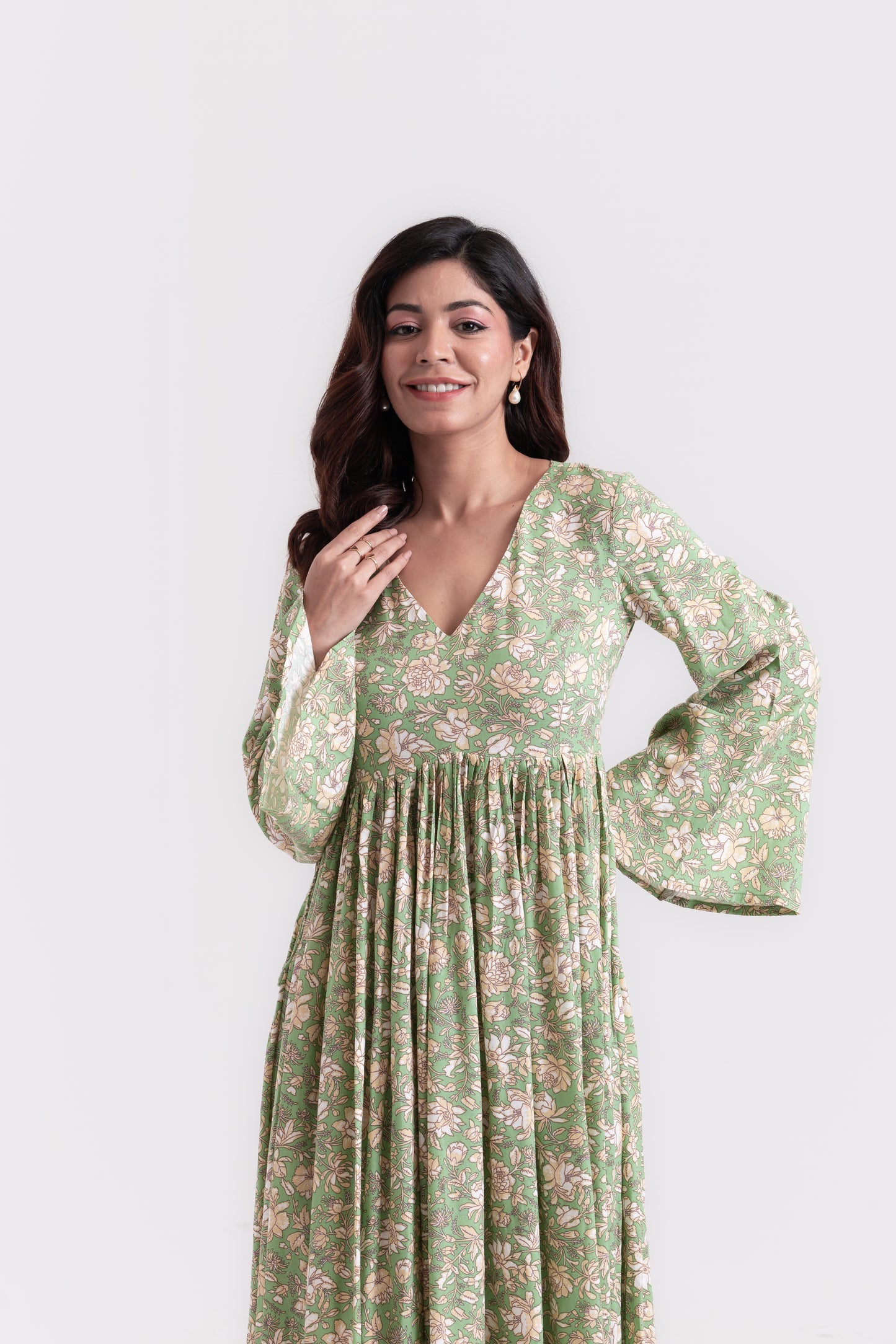 Beige Blooms on Green Floral Print Kurti Set