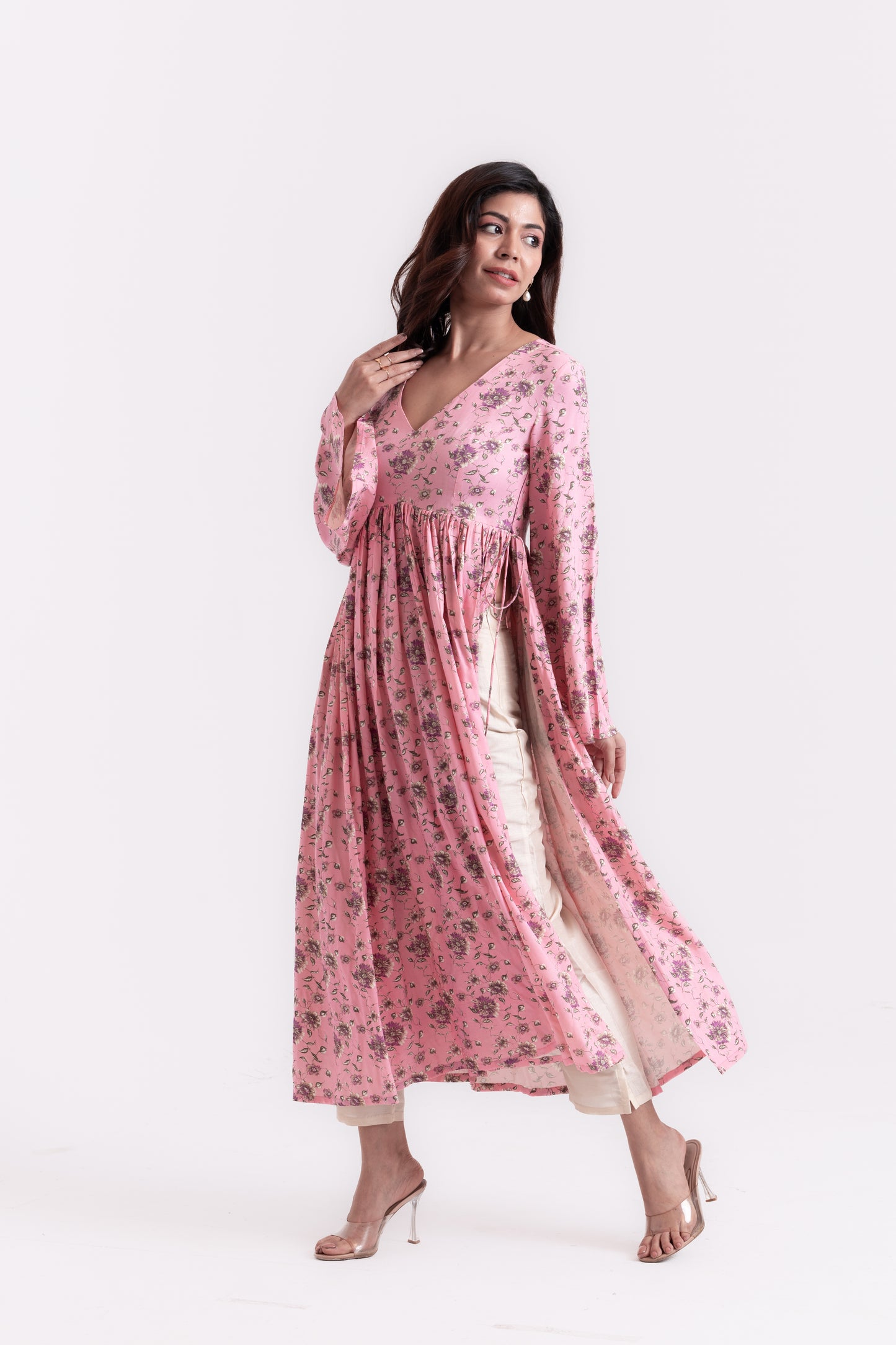 Floral Romance Pink and Beige Print Kurti Set