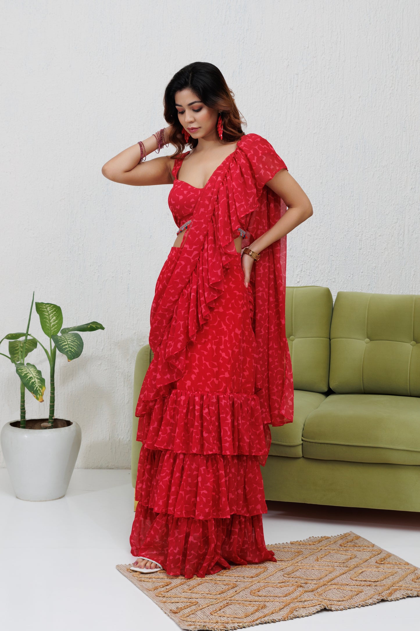 Mystique Melange: Carmine Ruffle Pre Draped Saree