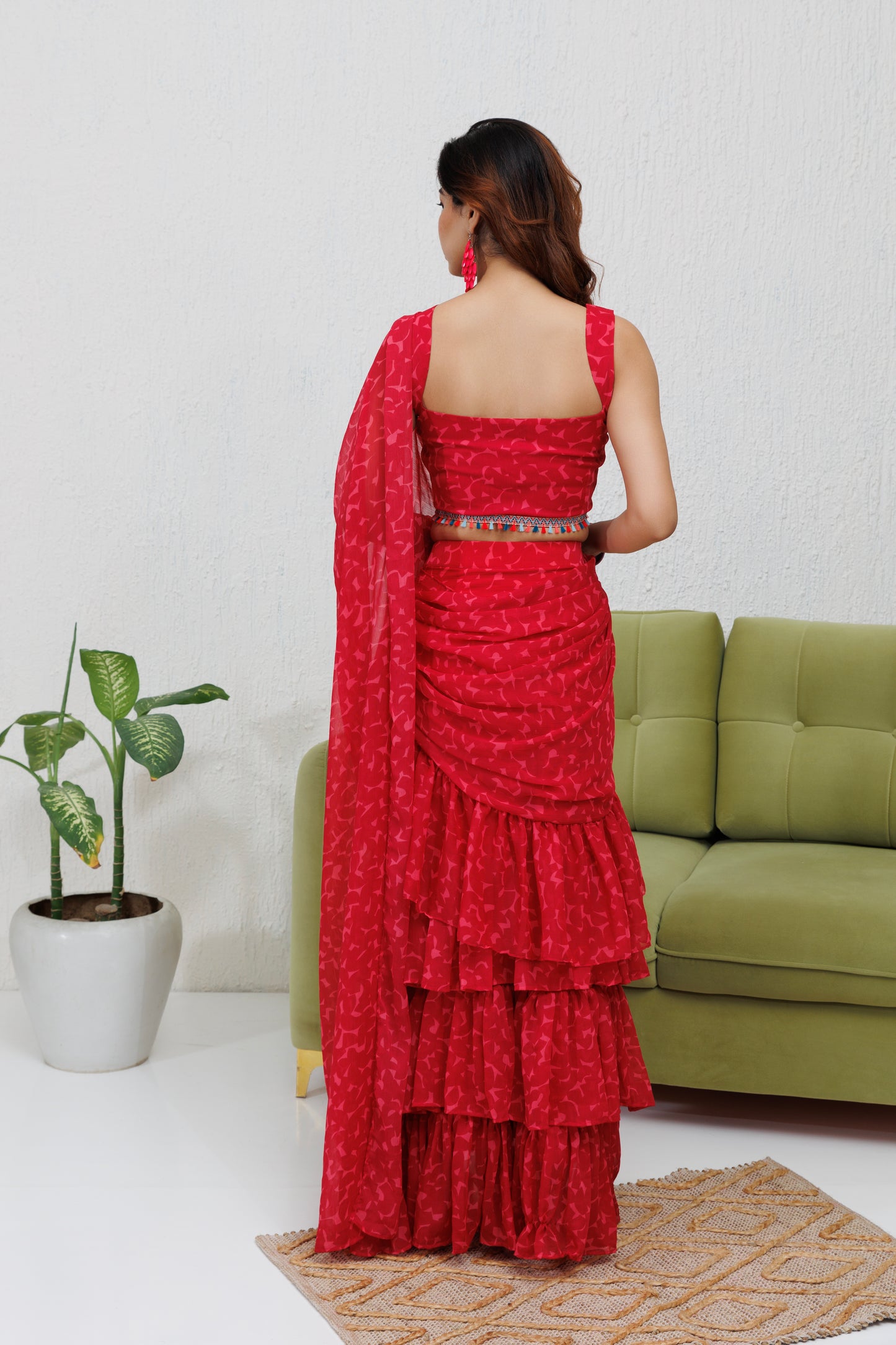 Mystique Melange: Carmine Ruffle Pre Draped Saree