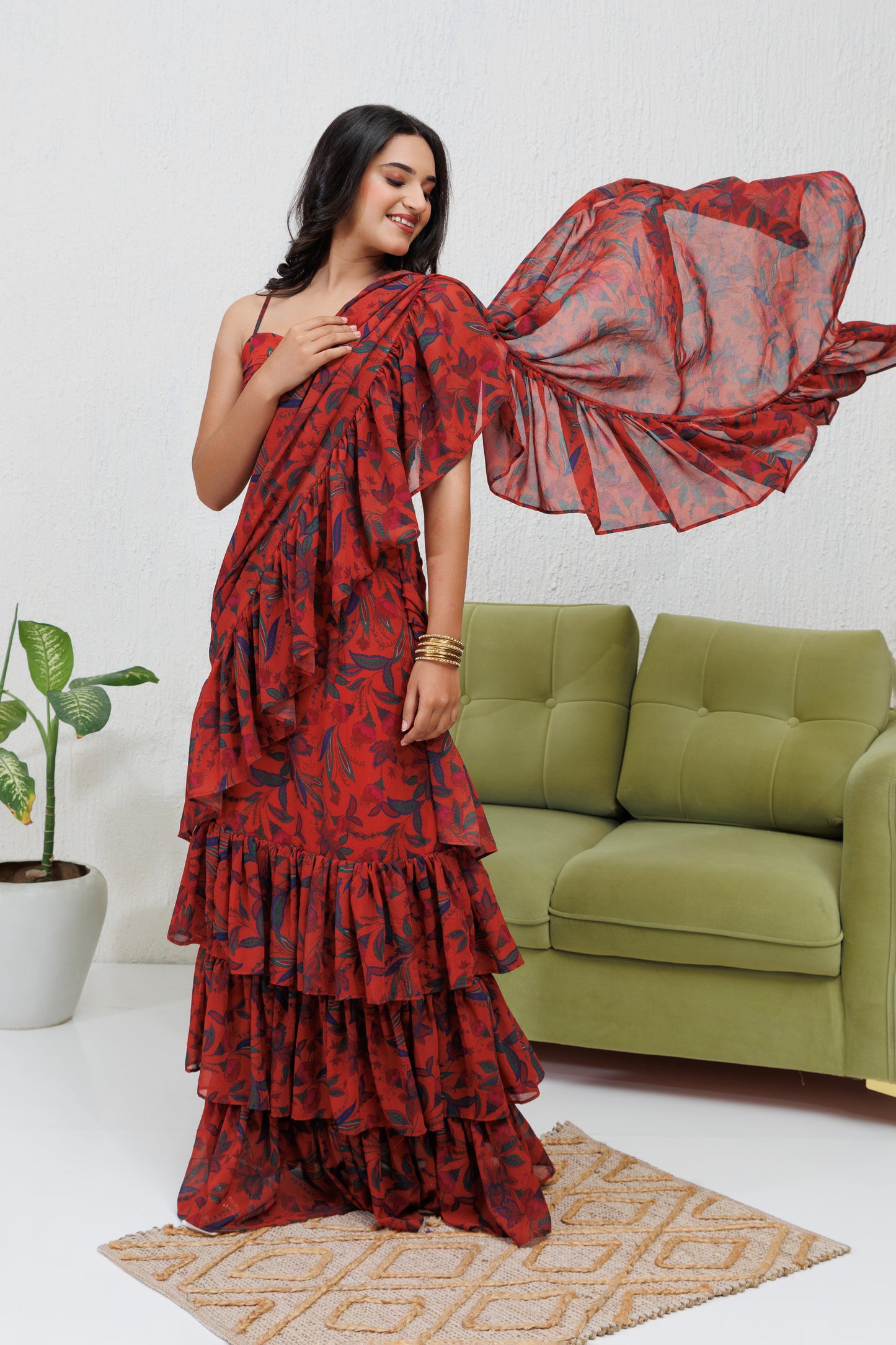 Mystique Melange: Brown printed ruffle saree