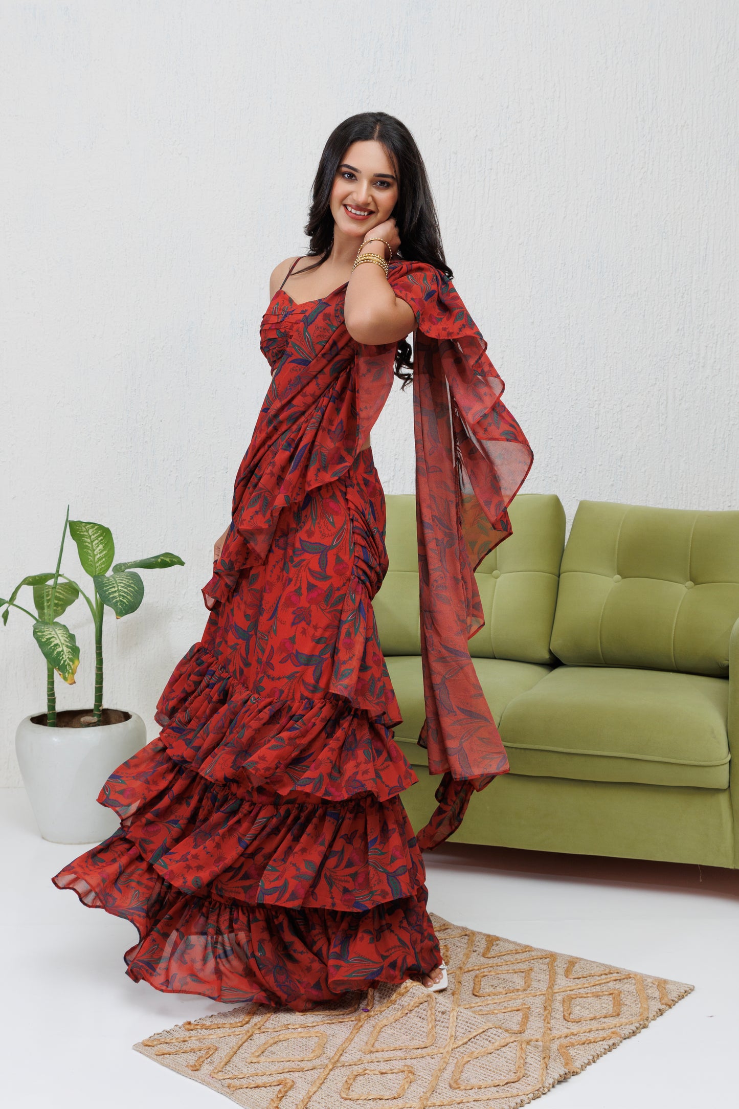 Mystique Melange: Brown printed ruffle saree