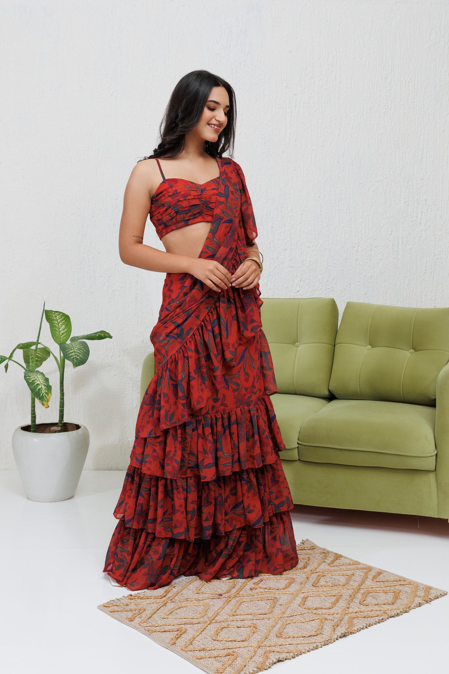 Mystique Melange: Brown printed ruffle saree