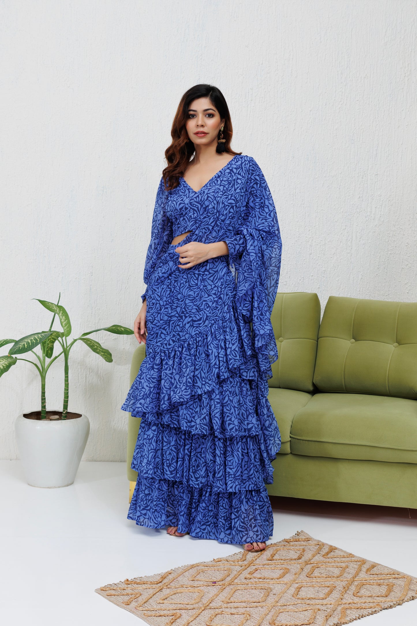 Mystique Melange: Blue Printed Ruffle Saree