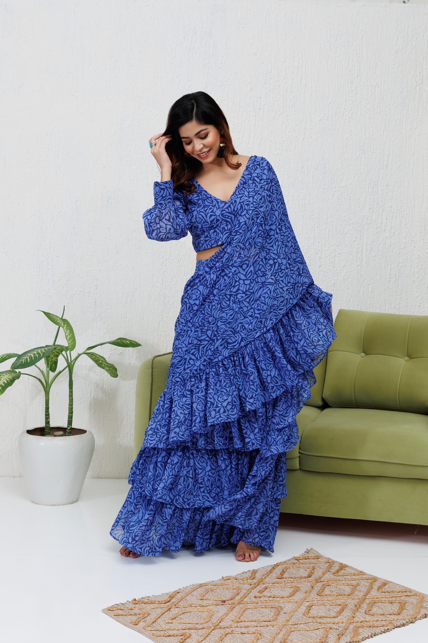 Mystique Melange: Blue Printed Ruffle Saree