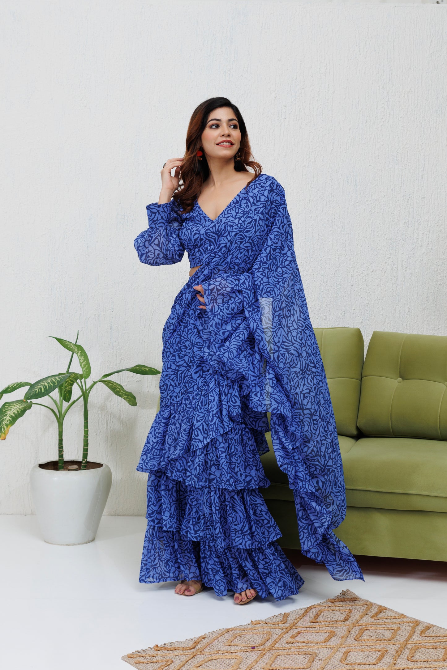 Mystique Melange: Blue Printed Ruffle Saree