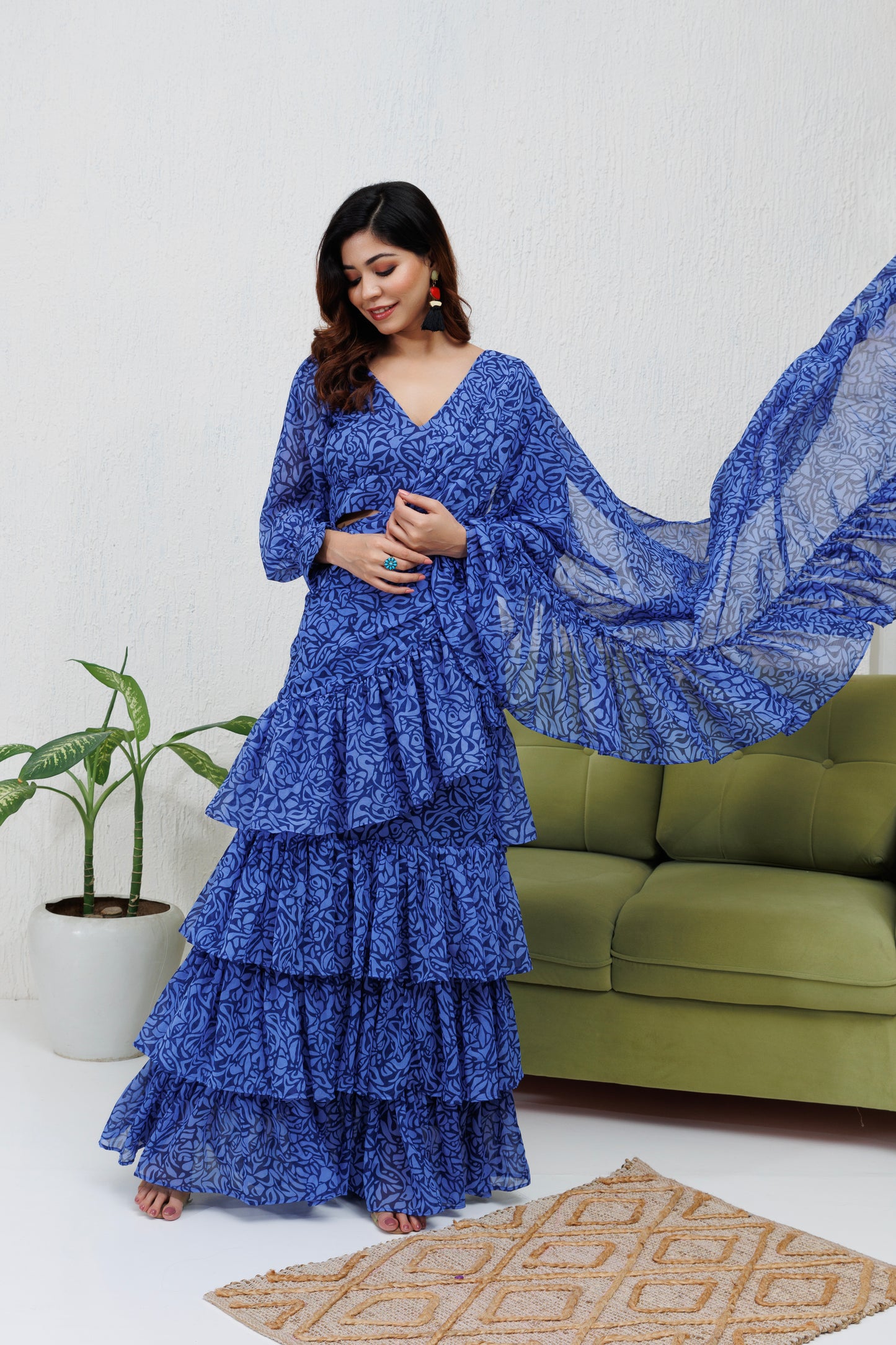 Mystique Melange: Blue Printed Ruffle Saree