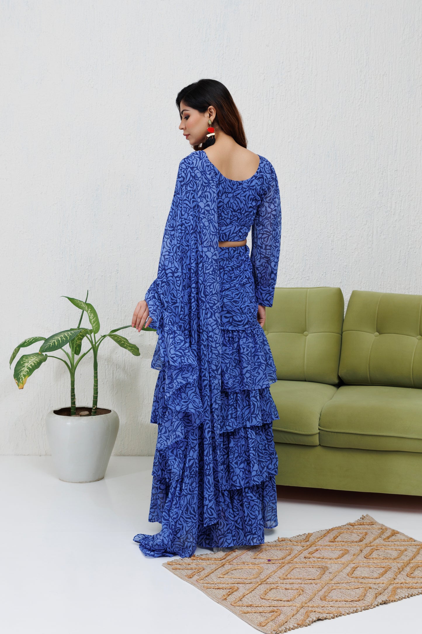 Mystique Melange: Blue Printed Ruffle Saree