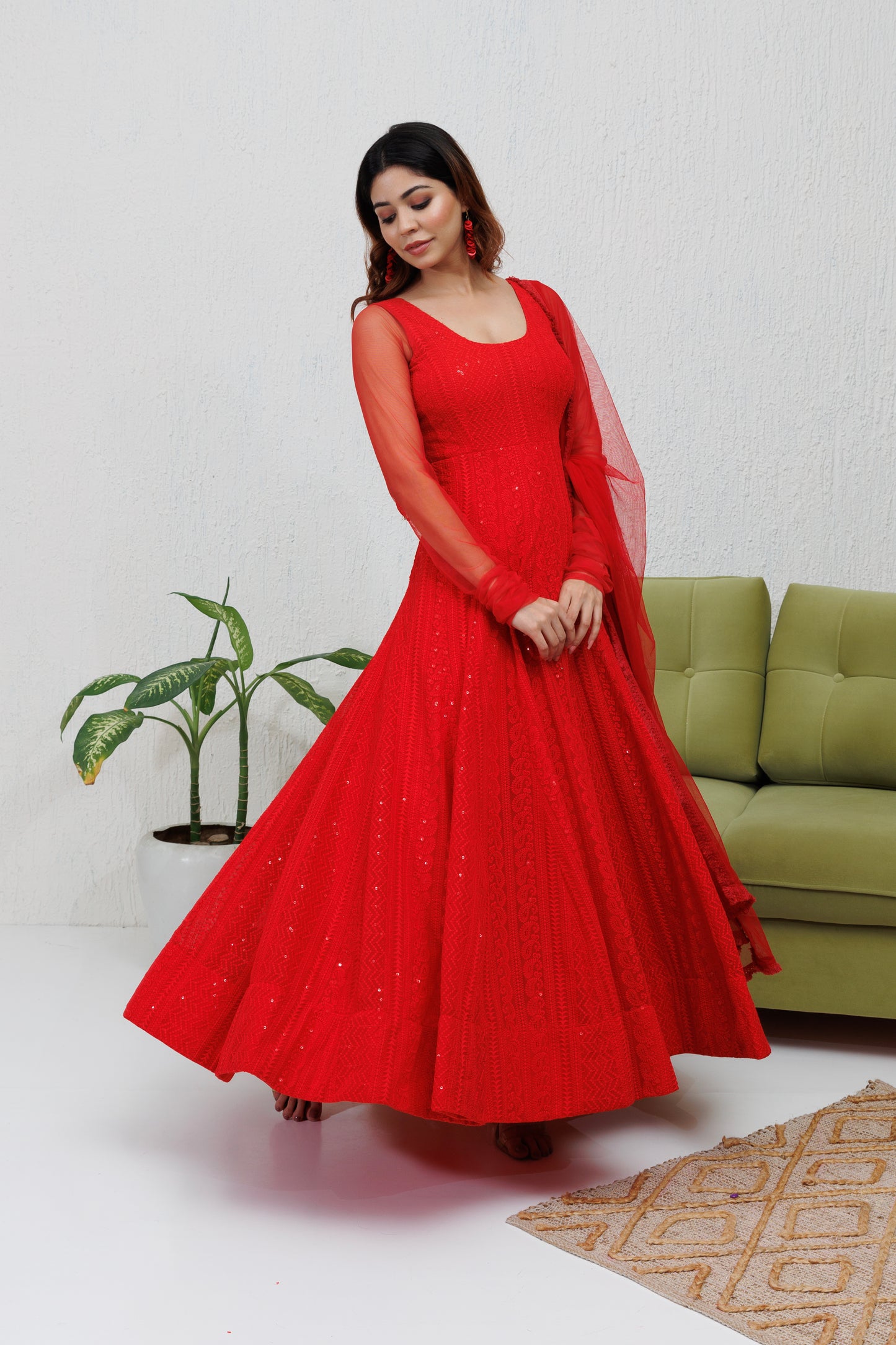 Mystique Melange: Red Chikankari Anarkali